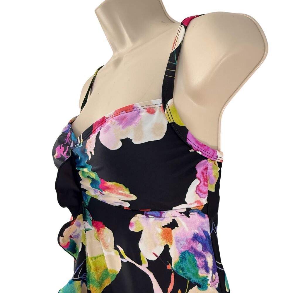 Maxine of Hollywood Black Tropical Floral Tankini Ruffled front and Hem - Picture 6 of 16